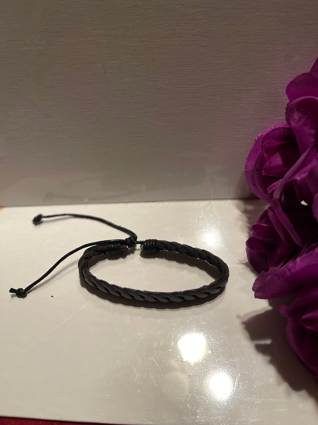 Black leather braided mens bracelet